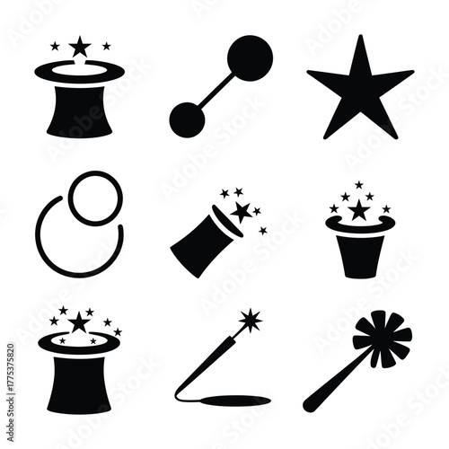 Collection of magic and sparkle icons, featuring a hat, a star, a sparkler, and a burst of magic for a magical touch