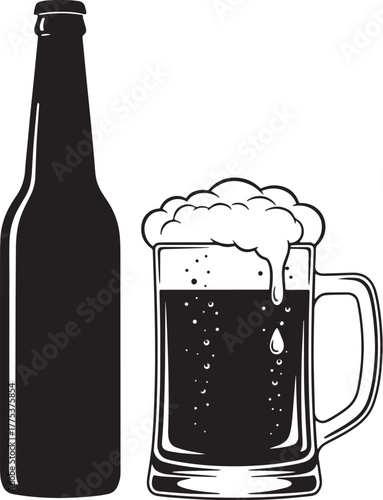 Beer bottle and glass of beer with overflowing foam.
