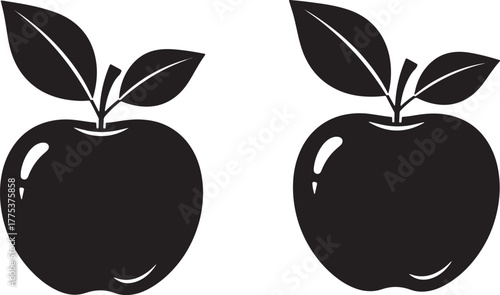 Two black silhouette apples with leaves on a white background.