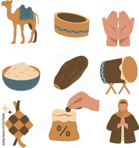 Ramadan Islamic Icon Set — Camel, Date, Prayer, Drum, Zakat, Mosque Cap, Ketupat, Muslim Woman Illustration