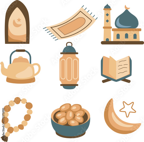 Ramadan Islamic Icon Set — Mosque, Quran, Prayer Mat, Lantern, Dates, Tasbih, Crescent Moon, Tea Pot Illustration
