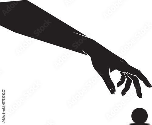 Silhouette of a human arm and hand reaching down to a small sphere.