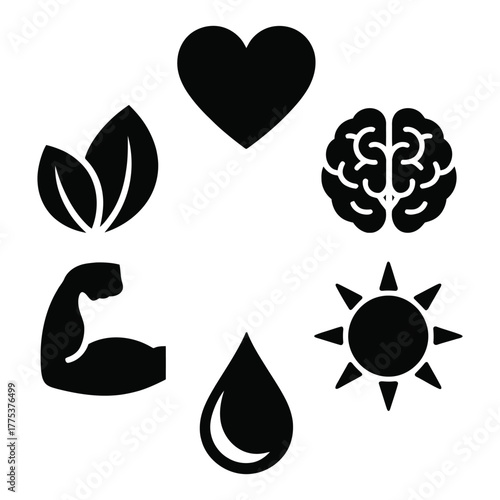 Holistic health and wellbeing concept featuring heart, brain, leaf, muscle, water drop, and sun represents mind, body, and spirit
