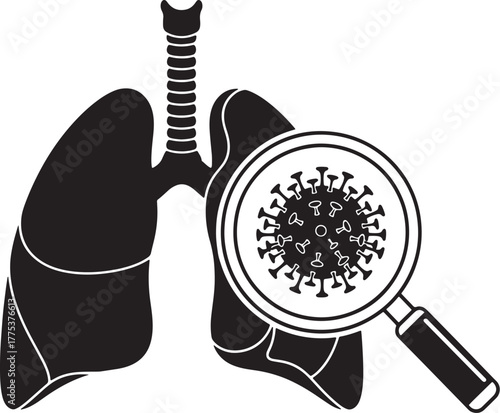 Medical illustration of lungs with virus under magnifying glass for analysis.