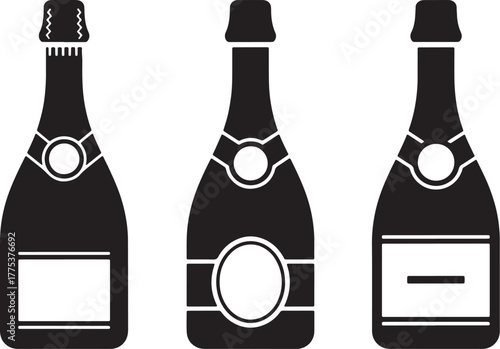Three Black Silhouettes of Champagne Bottles with Labels.