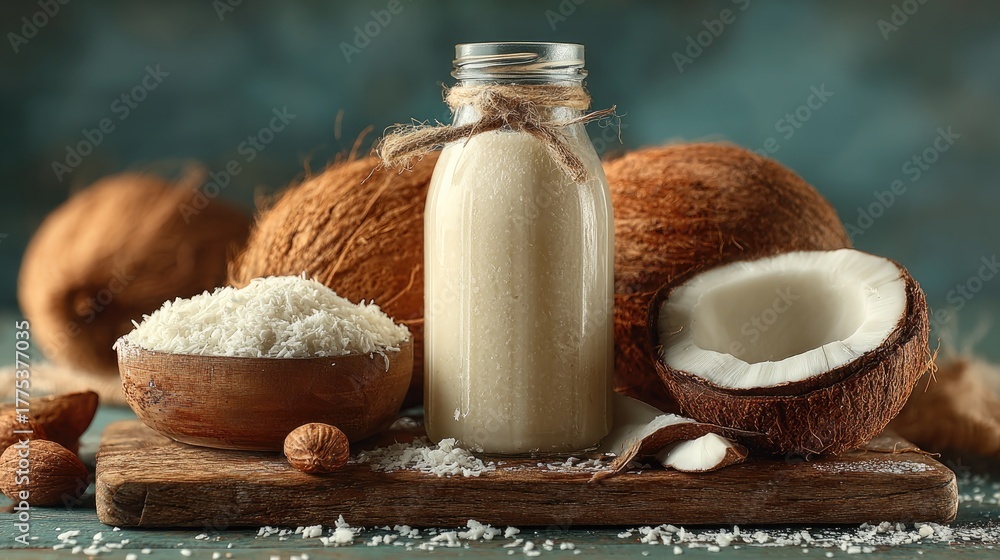 Fototapeta premium Coconut milk in glass bottle with shredded coconut on wooden board