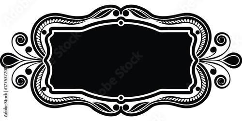 Flat Black and White Ornate Decorative Frame with Swirls and Scrollwork - Vector Illustration