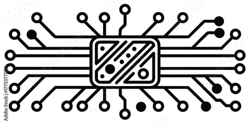 Circuit board icon in flat black and white vector illustration for technology and electronics