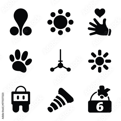 Collection of nine unique black and white icons, featuring various symbols and shapes in a minimalist style