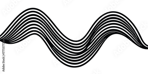 Abstract flat vector illustration of a flowing wave made of black parallel lines. A monochrome graphic design element