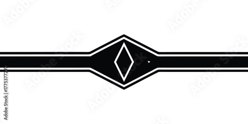 Minimalist flat black and white vector illustration of a nested diamond shape on a horizontal linear band, an abstract graphic element