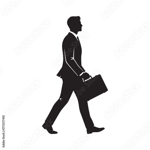 Silhouette of businessman with briefcase walking, white background