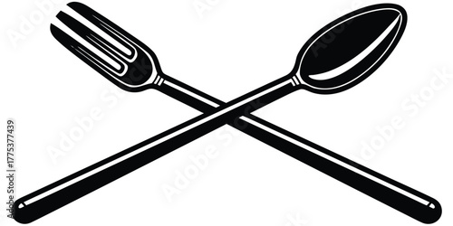 Crossed fork and spoon icon. Flat black and white vector illustration of cutlery for restaurant and food concepts