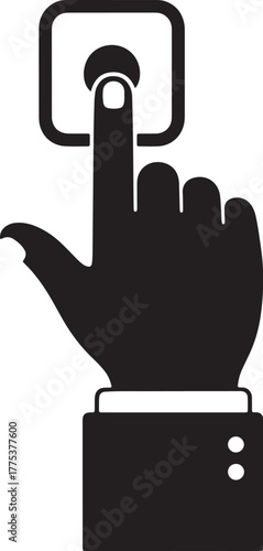 Hand pressing a button, finger touching the doorbell, call for help.