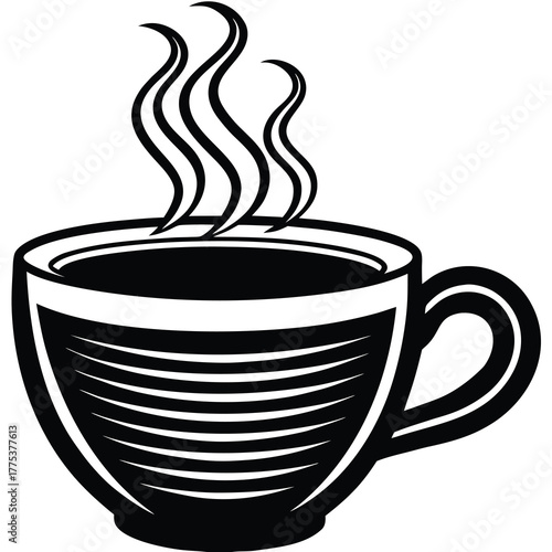 Simple black and white vector illustration of a steaming hot coffee cup. Stylized monochrome icon of a warm beverage, isolated on a white background