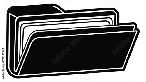 Flat black and white vector illustration of an open folder with files. A simple icon representing document organization, data storage, and business archives