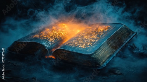 Ancient open book burning mystic scene