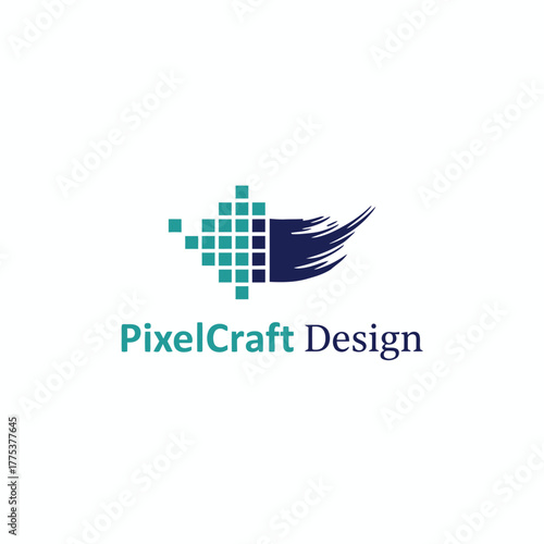 PixelCraft Design blends digital precision with creative artistry, symbolized by merging pixels and brush strokes for innovative visual identity.