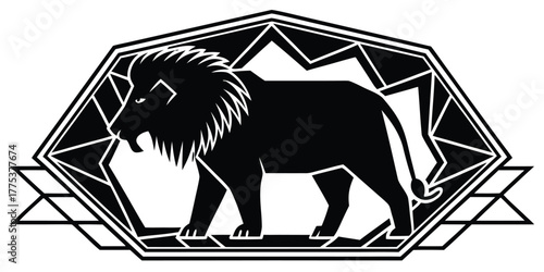 Majestic black lion silhouette captured within a modern, angular geometric frame, a powerful and elegant vector illustration suitable for branding, emblems, and striking graphic design
