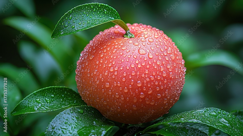 Obraz premium Fresh red apple with water droplets on branch