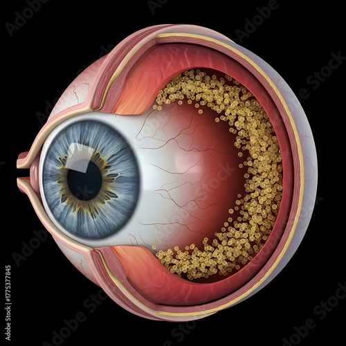 Eye anatomy with drusen deposits as a sign of macular degeneration
