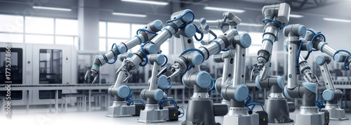 Wallpaper Mural Many industrial robot arm in a modern factory setting. Automation and innovation in manufacturing. Intelligent robotic technology for future industry. Torontodigital.ca