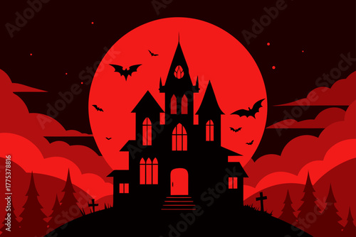 A dark vector illustration of a spooky haunted house and castle on a hill with a full moon and flying bats against the night sky for a Halloween background