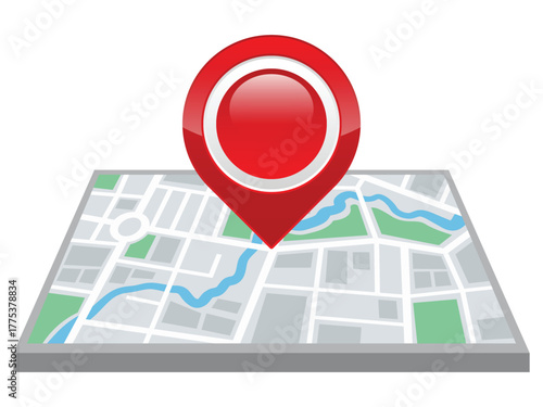 Modern Flat Design Map with Red Location Pin Pointer Navigation Element