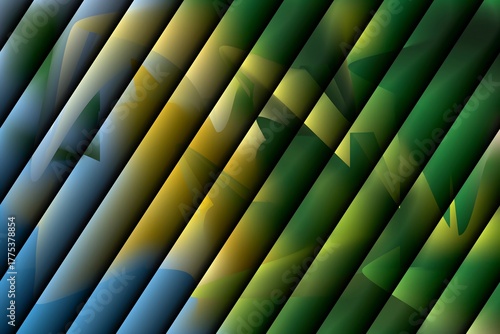 Abstract shapes merge diagonally, creating an intriguing blue, green and yellow interplay of color