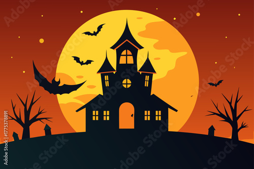 Dark silhouette of a haunted house and spooky tree against a moonlit night sky with flying bats and a glowing pumpkin, a Halloween vector illustration