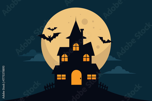 A spooky haunted castle on a dark Halloween night with bats flying across a full moon and a scary silhouette of an autumn tree