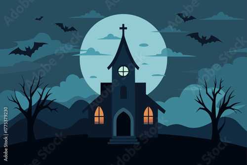 A spooky, dark silhouette of a haunted church or house on a hill in the woods under an autumn moon with bats