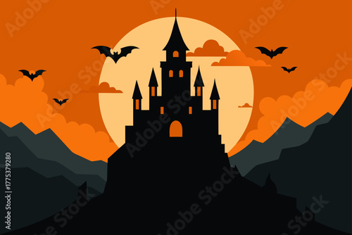 Spooky halloween castle vector illustration features a dark silhouette of a haunted house on a hill with bats, an old tree, and a moon at night