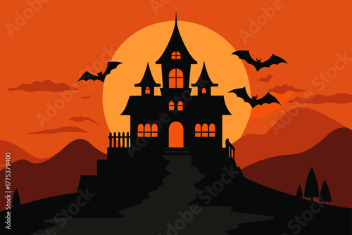 A spooky haunted house or castle silhouette on a dark autumn night with bats and a glowing pumpkin