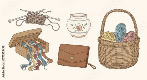 A delightful assortment of crafting essentials for knitting and creative projects, perfect for enthusiasts of handmade arts and traditional hobbies