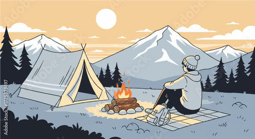 A solitary adventurer finds peace by a glowing campfire, nestled beside their tent with a panoramic view of snow-capped mountains under a tranquil sunset sky
