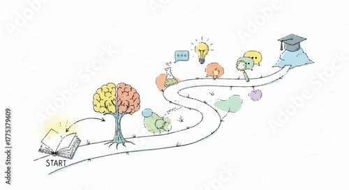 Conceptual illustration of the learning journey, a winding path from knowledge acquisition to graduation and career achievement