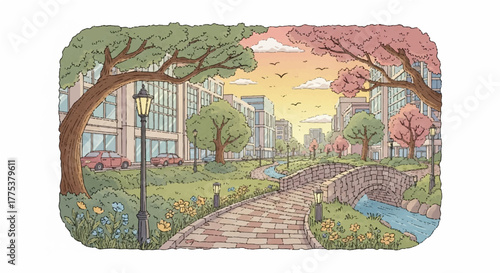 Charming Urban Park Scene with Lush Trees, Blooming Flowers, and Gentle Stream Under a Soft Sunset Sky