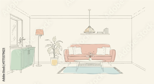 Line art illustration of a modern minimalist living room interior. A comfortable sofa, elegant furniture, and subtle decor evoke a serene and inviting domestic ambiance