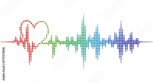 Multi colored halftone pattern from red, green, blue dots. Modern design rhythm of heart. Spectrum of sound wave, audio waveform. Abstract dotted ornament isolated on white background