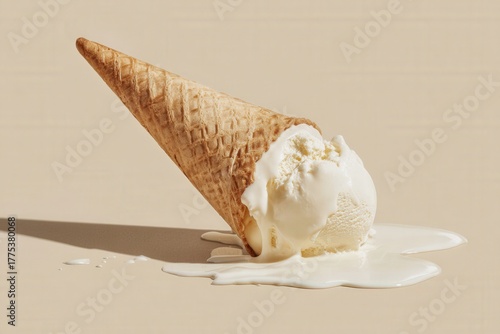 A cracked waffle cone filled with melting vanilla ice cream sits on a beige surface