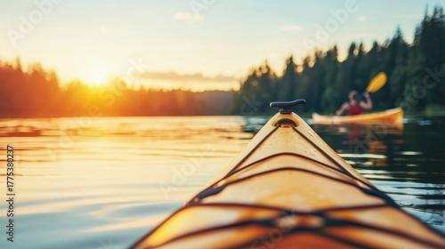 Recreation Group of friends paddling kayaks on a calm lake, having fun and recreating together.
