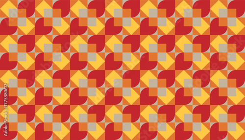 Colorful geometric seamless pattern with red, orange, and yellow shapes forming floral-inspired abstract tiles. Modern retro background for textile, wallpaper, and digital design