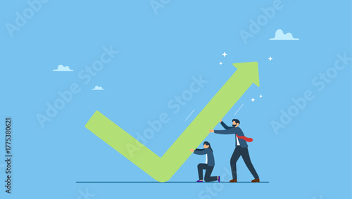 Business people help push falling arrow to rising up direction. Economic recovery, bouncing from crisis or company return from loss to make profit, growth and success, business challenge in recession.
