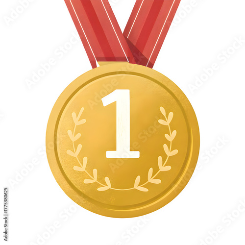 Golden first place medal with red ribbon and laurel wreath isolated on transparent background