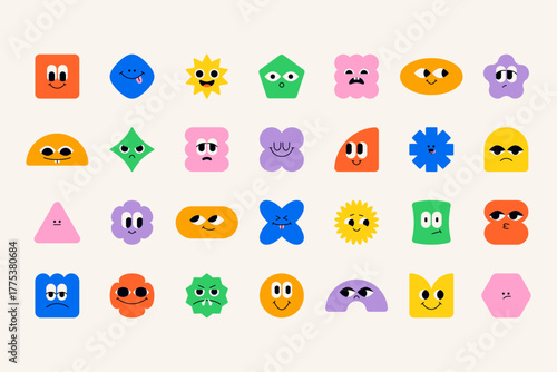 Cute geometric shape characters. Abstract funny geometry figures with faces with different emotions, square triangle circle rectangle rhombus smiling emojis. Vector isolated set