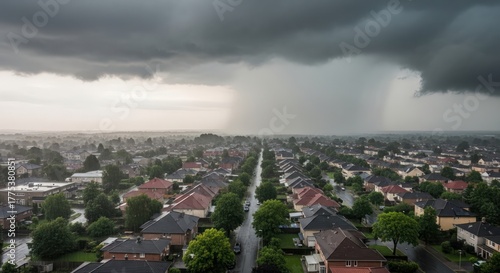Ominous cloud formation hanging over residential area casting shadows with rainfall
