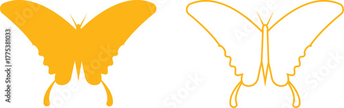 Butterfly icons set, colorful insect collection, black silhouette and outline group, flat and line style vector illustration, flying moth design, decorative butterfly symbol graphic element.