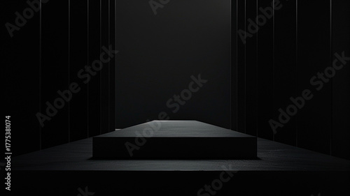 Minimal dark pedestal on black background, dramatic light and shadows, modern product presentation stage, 3D geometric form, luxury concept.