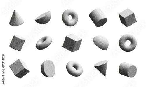 3D figures with noise create an interesting visual display of various geometric shapes and forms in a monochrome design.